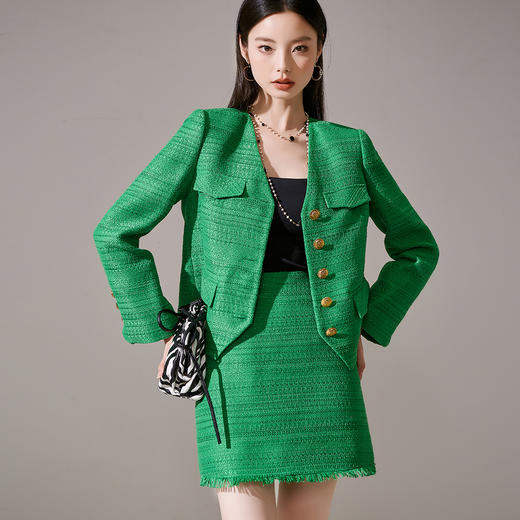 剩M 芳外优雅绿色小香风套装 单排扣短外套+流苏半裙两件套女1656 商品图3