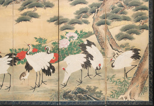 独角鹿西洋古董19世纪日本明治时期出品「劲松群鹤」主题纸本设色洒金六曲屏风 商品图4