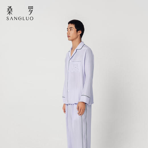 许愿蛙』桑罗撞色翻领睡衣套装桑蚕丝男长袖家居服可外穿 商品图3