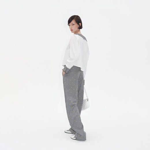 Herlian2025年秋季新品女士裤脚钉扣设计格纹绣花弯刀长裤 商品图2