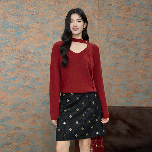 奢姿大码女装2025冬季贴颈式装饰V领针织衫胖妹妹时尚百搭上衣9854669941A 商品图4