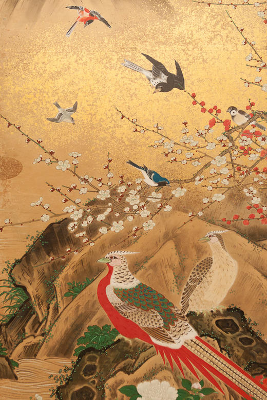 独角鹿西洋古董19世纪初日本江户时期出品狩野派风格「旭日花鸟走兽」主题金地纸本设色六曲屏风 商品图5