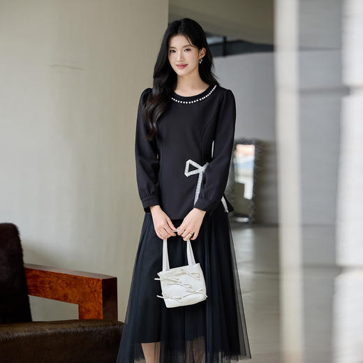 奢姿大码女装2025秋季胖妹妹时尚蝴蝶结设计气质珍珠装饰圆领上衣9953253791 商品图4