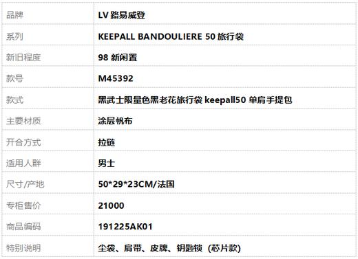 【98新闲置】LV路易威登KEEPALL BANDOULIERE 50旅行袋M45392黑武士限量色黑老花旅行袋keepall50单肩手提包男士 191225AK01 商品图10