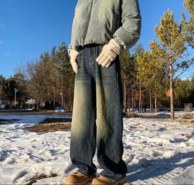 D122452新款两色贴皮标重工水洗串标相拼加绒加厚牛仔裤