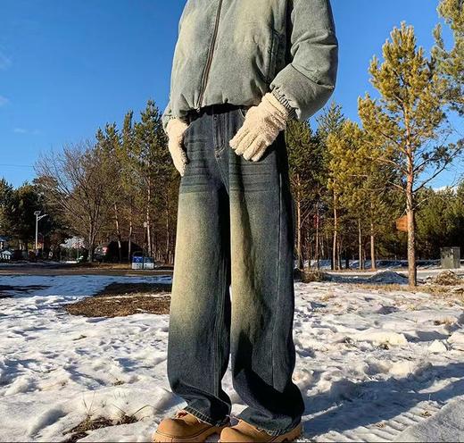 D122452新款两色贴皮标重工水洗串标相拼加绒加厚牛仔裤 商品图0