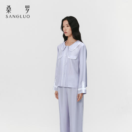 藤萝紫』桑罗撞色娃娃领睡衣套装桑蚕丝女长袖家居服外穿 商品图1