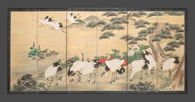 独角鹿西洋古董19世纪日本明治时期出品「劲松群鹤」主题纸本设色洒金六曲屏风