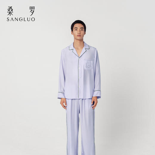 许愿蛙』桑罗撞色翻领睡衣套装桑蚕丝男长袖家居服可外穿 商品图0