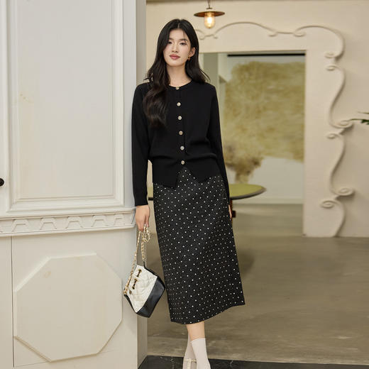 奢姿大码女装小香风套装胖妹妹针织开衫+波点半身裙秋冬两件套9954953909AC 商品图1