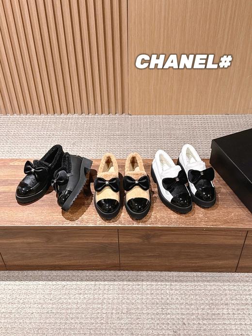 香奈儿 蝴蝶结拼接风毛绒乐福鞋休闲鞋(DBG) 商品图1