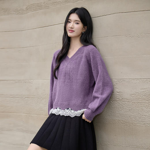 奢姿大码女装2025冬季时尚蕾丝拼接V领针织衫胖妹妹气质减龄上衣9854653951 商品图2