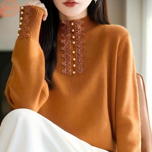 「自」全新升级【铂金会员128/天猫169/差价41】(04917)洛诗琳蕾丝拼接半高领针织衫2025秋冬气质钉珠针织打底毛衣 商品图1