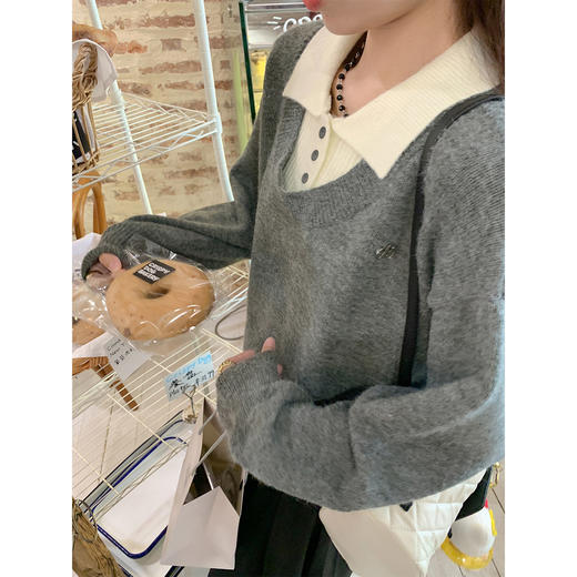<曾小咸推荐>假两件灰色polo领毛衣 商品图4