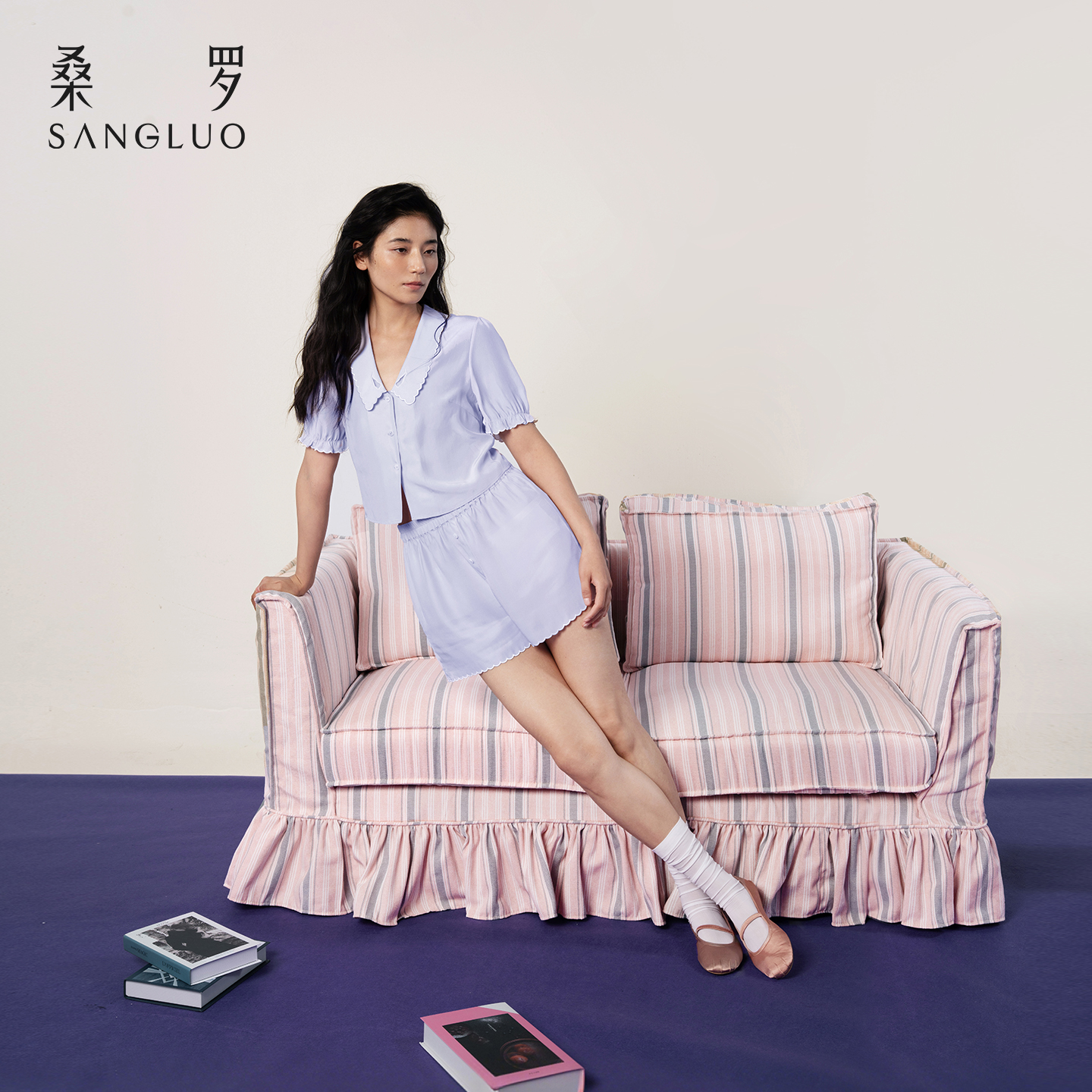 法式V领』桑罗泡泡袖睡衣桑蚕丝女士短袖短裤家居服套装