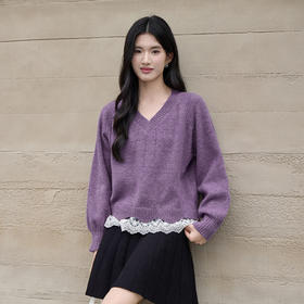 奢姿大码女装2025冬季时尚蕾丝拼接V领针织衫胖妹妹气质减龄上衣9854653951