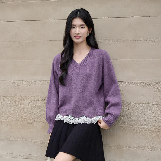 奢姿大码女装2025冬季时尚蕾丝拼接V领针织衫胖妹妹气质减龄上衣9854653951 商品图0