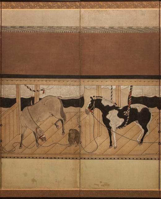 独角鹿西洋古董18世纪晚期日本江户时期出品狩野派风格「马厩」主题纸本设色六曲屏风 商品图3