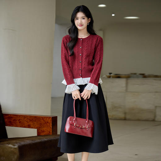 奢姿大码女装2025冬季时尚蕾丝撞色针织开衫胖妹妹气质减龄上衣9554670565 商品图4