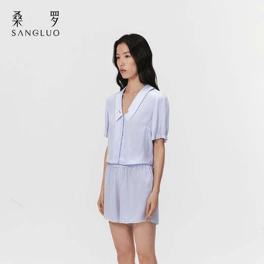 法式V领』桑罗泡泡袖睡衣桑蚕丝女士短袖短裤家居服套装 商品图3