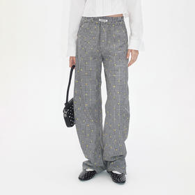 Herlian2025年秋季新品女士裤脚钉扣设计格纹绣花弯刀长裤