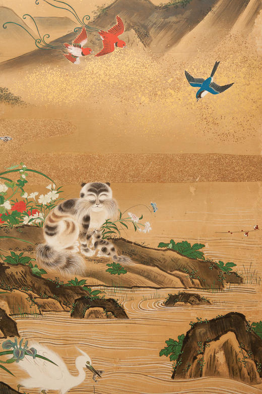 独角鹿西洋古董19世纪初日本江户时期出品狩野派风格「旭日花鸟走兽」主题金地纸本设色六曲屏风 商品图4