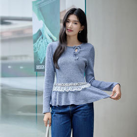 奢姿大码女装2025秋季胖妹妹时尚蕾丝钉珠拼接气质系带针织上衣9953270515