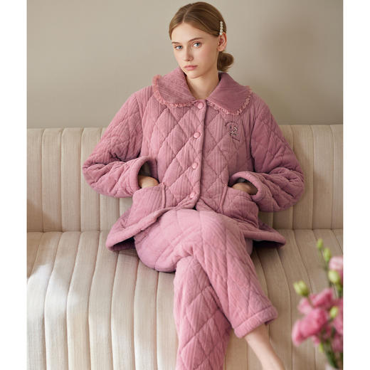 芬腾睡衣女冬季三层加厚珊瑚绒夹棉套装女款加绒抗静电家居服棉袄 商品图0