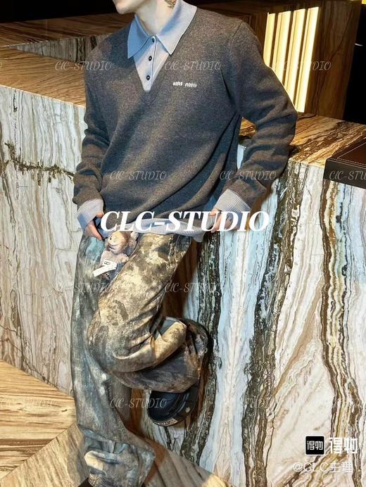 D122454羊毛混纺莫兰迪polo领拼色假两件长袖毛衣 商品图9