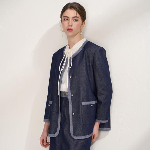 EITIE爱特爱复古圆领优雅亮丝撞色设计2026春季新款牛仔外套A2603109 商品图1