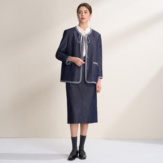 EITIE爱特爱复古圆领优雅亮丝撞色设计2026春季新款牛仔外套A2603109 商品图3