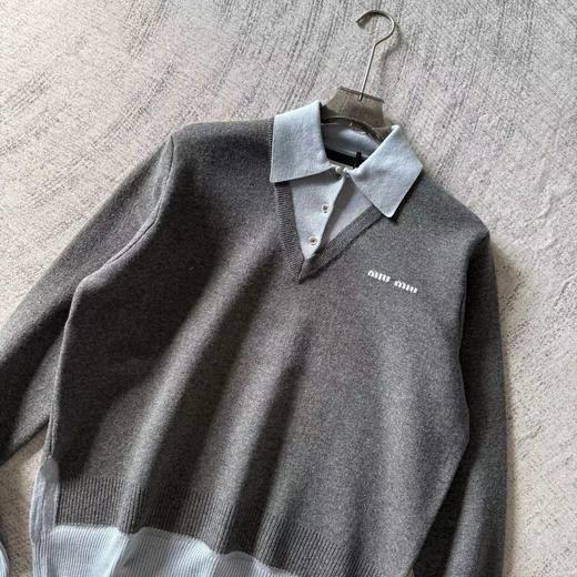 D122454羊毛混纺莫兰迪polo领拼色假两件长袖毛衣 商品图1