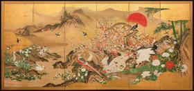 独角鹿西洋古董19世纪初日本江户时期出品狩野派风格「旭日花鸟走兽」主题金地纸本设色六曲屏风