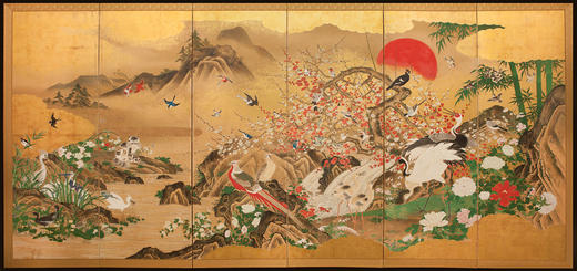 独角鹿西洋古董19世纪初日本江户时期出品狩野派风格「旭日花鸟走兽」主题金地纸本设色六曲屏风 商品图0