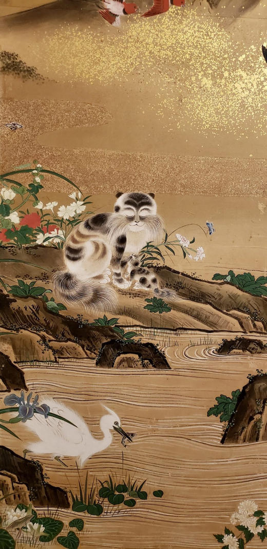 独角鹿西洋古董19世纪初日本江户时期出品狩野派风格「旭日花鸟走兽」主题金地纸本设色六曲屏风 商品图6