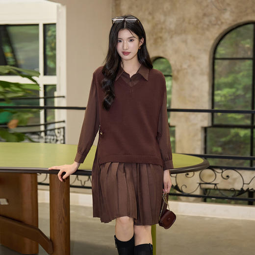 奢姿大码女装2025冬季气质翻领两件套胖妹妹百褶设计时尚复古套装9954994342AB 商品图1