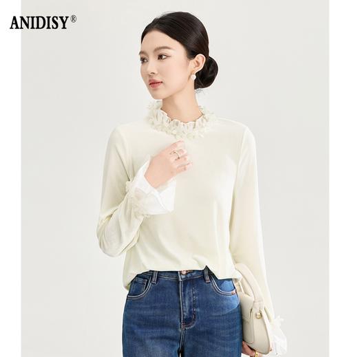 2026春装法式浪漫高贵洋气四方立绒衬衫蕾丝花瓣领上装 商品图1