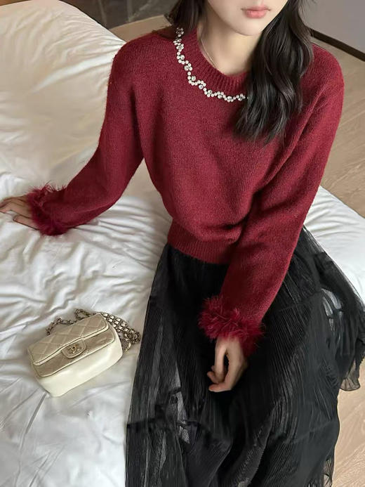 青乔慕染重工钉珠设计感毛毛袖口羊毛混纺毛衣N1404 商品图3