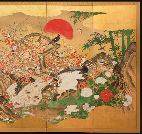 独角鹿西洋古董19世纪初日本江户时期出品狩野派风格「旭日花鸟走兽」主题金地纸本设色六曲屏风 商品图2