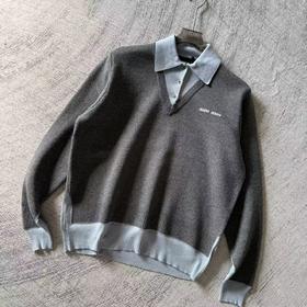 D122454羊毛混纺莫兰迪polo领拼色假两件长袖毛衣