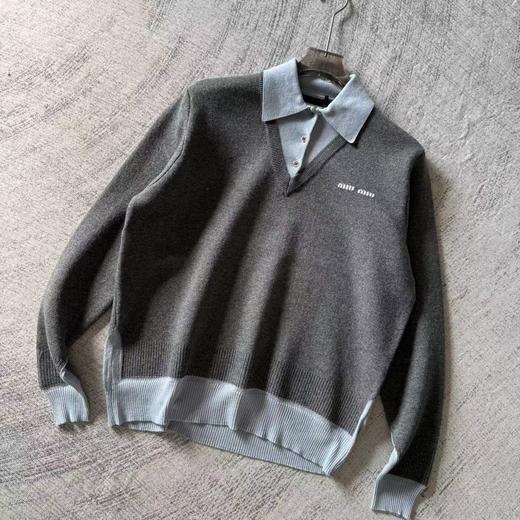 D122454羊毛混纺莫兰迪polo领拼色假两件长袖毛衣 商品图0
