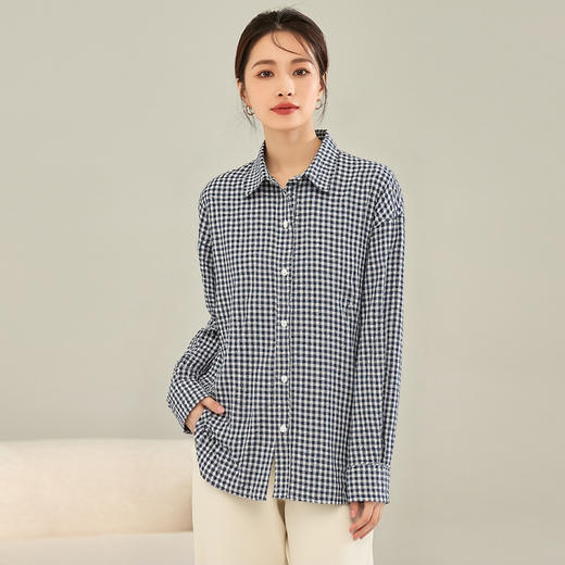 【100棉】罗蒙女士格子衬衫休闲时尚百搭简约大方长袖衬衣 商品图1