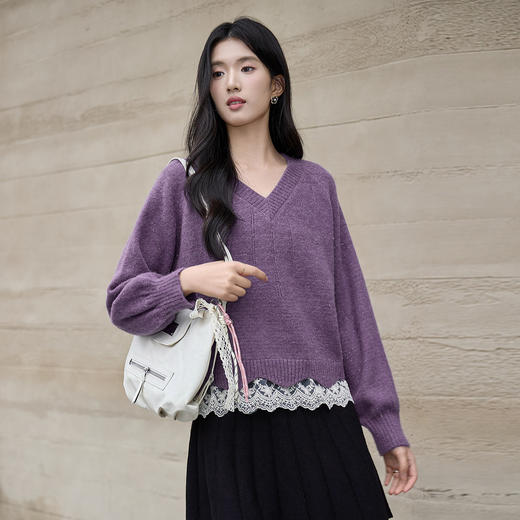 奢姿大码女装2025冬季时尚蕾丝拼接V领针织衫胖妹妹气质减龄上衣9854653951 商品图1