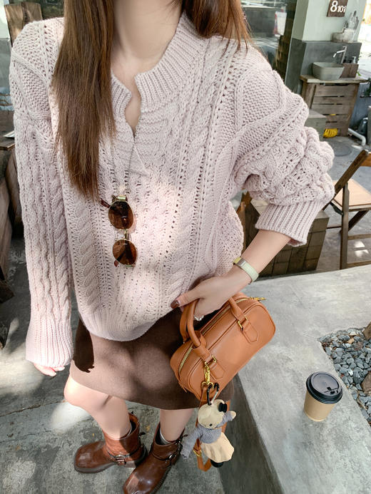 【179元任选2件】现货！韩系v领粉色镂空针织衫 商品图7