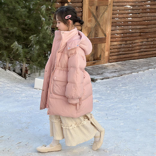 直发【喜慕7185 】 断码特价， 万年经典款，儿童连帽蝴蝶结抽绳羽绒服 中长款羽绒服 商品图4