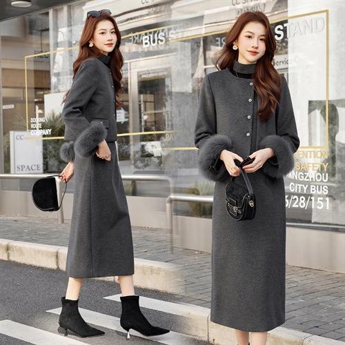 HR ABS25213小香风羽绒服套装气质富家千金狐狸毛毛呢套装裙 商品图3