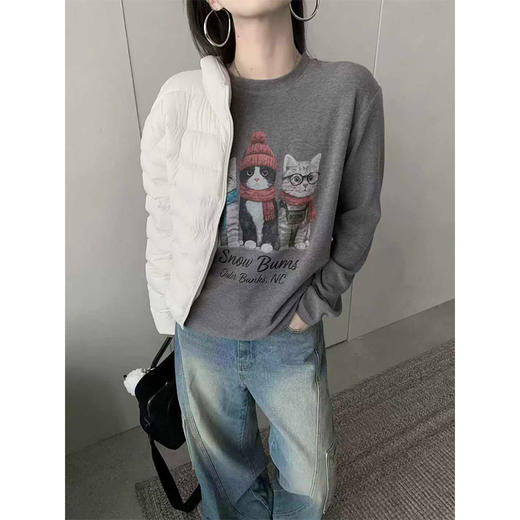 【专柜高品质设计师款】秋冬重磅350G加厚澳绒长袖衫 卡通猫咪印花韩版圆领保暖内搭 商品图2
