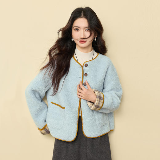 【12/24新品6.5折】熙世界小香风毛绒短外套女秋冬仿皮草小众不撞款蓝色皮毛一体上衣 商品图4