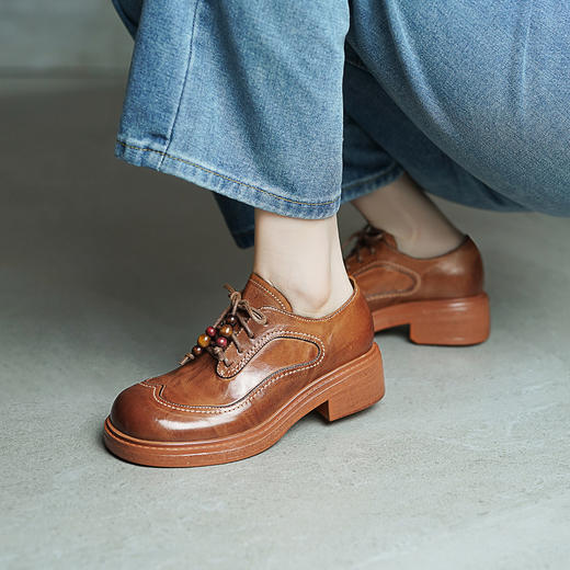【阿么古纹马皮鞋】小众高级布洛克线小皮鞋春季软底系带单鞋女4CM 商品图1