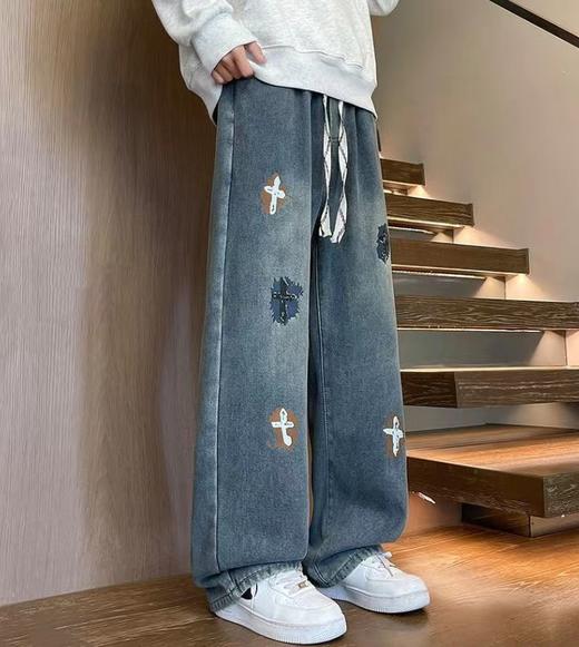 D122425加绒加厚冬季美式高街侧边十字架抽绳卫裤休闲牛仔裤 商品图5